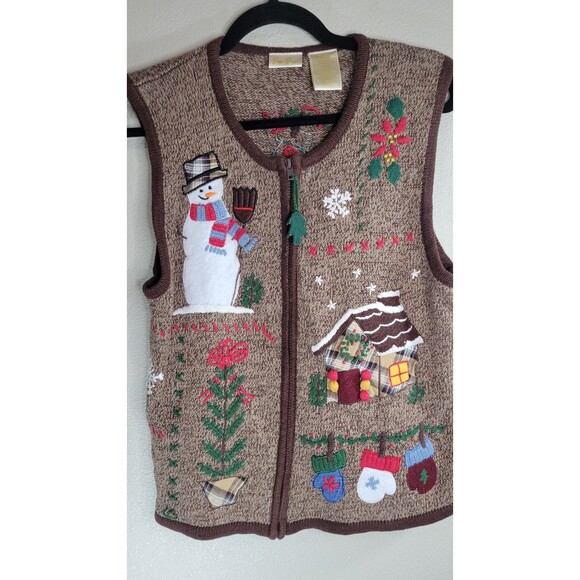Vintage Y2K Bobbie Brooks Holiday Sweater Vest Medium Brown Flax Knit - Picture 1 of 7